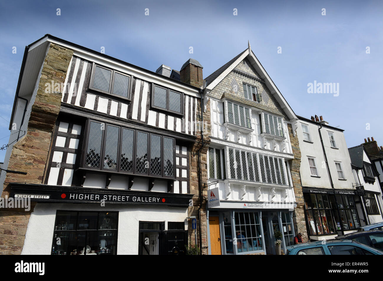 Historisches Gebäude in höheren Street, Dartmouth, Großbritannien 16. Jahrhundert. Die Tudor-Gebäude wurden im Jahr 2010 durch einen Brand zerstört und wurden Stockfoto