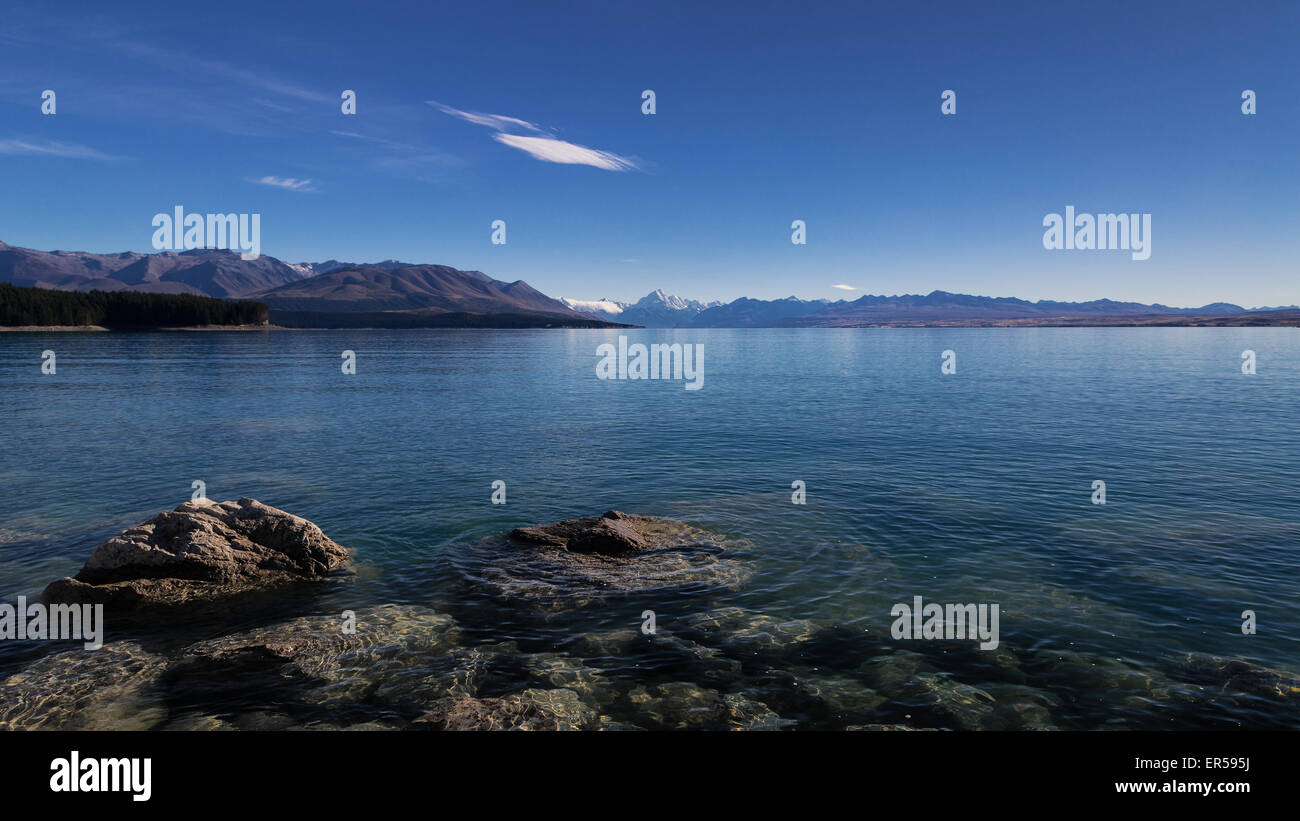 Mt. Cook (Aoraki) wie vom Lake Pukaki gesehen. Stockfoto