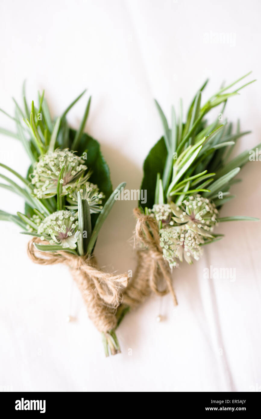 Wilde Blume in einer wilden Blume und Kraut Knopfloch zusammengebunden mit String für eine Hochzeit. Stockfoto