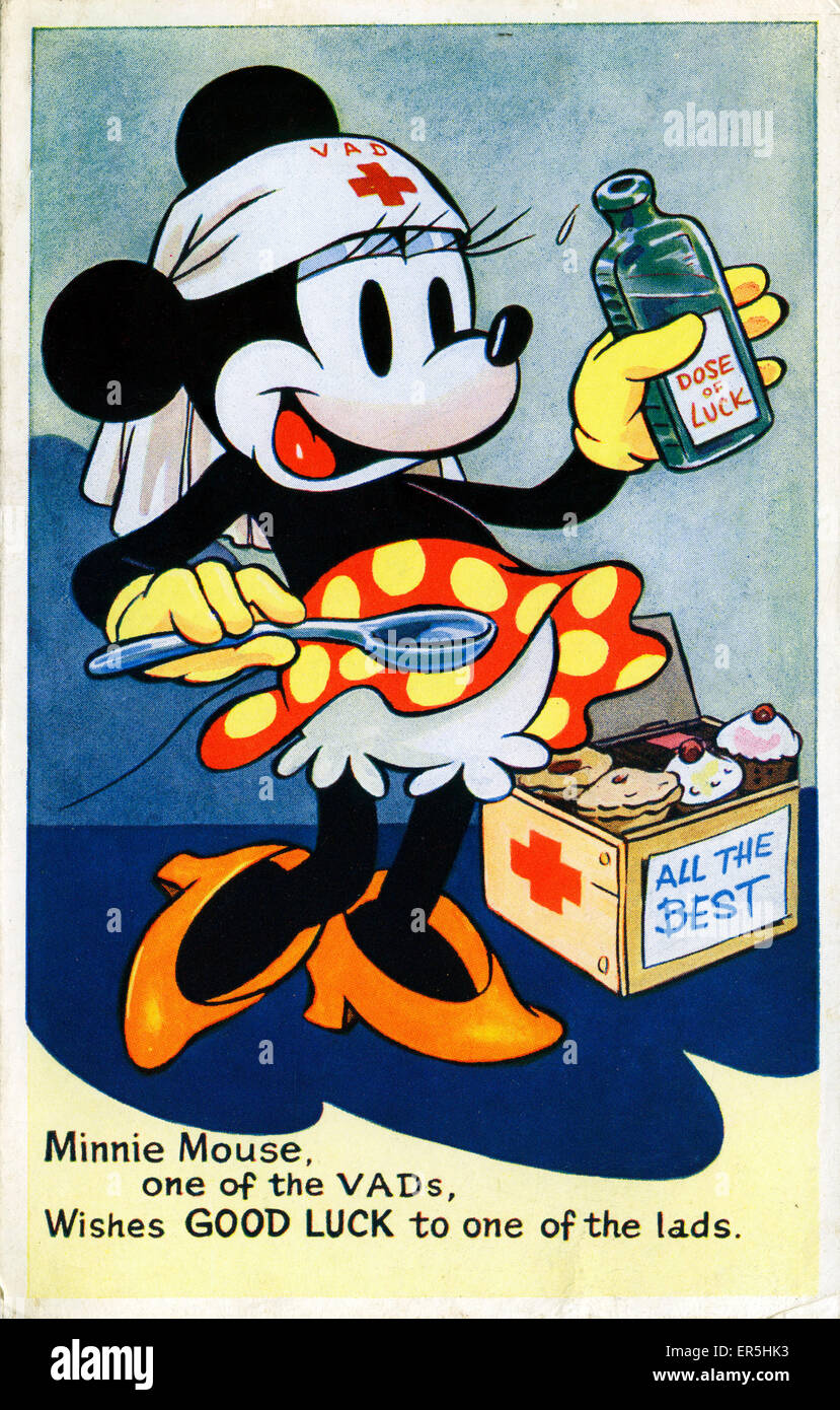 2. Weltkrieg VAD Mini-Maus Walt Disney Cartoon Karte, Welt Krieg 2 Walt Disney Postkarte, Minnie Mouse - VAD. Unterstützung für die freiwillige Hilfe Ablösung der 1940er Jahre zeigen Stockfoto