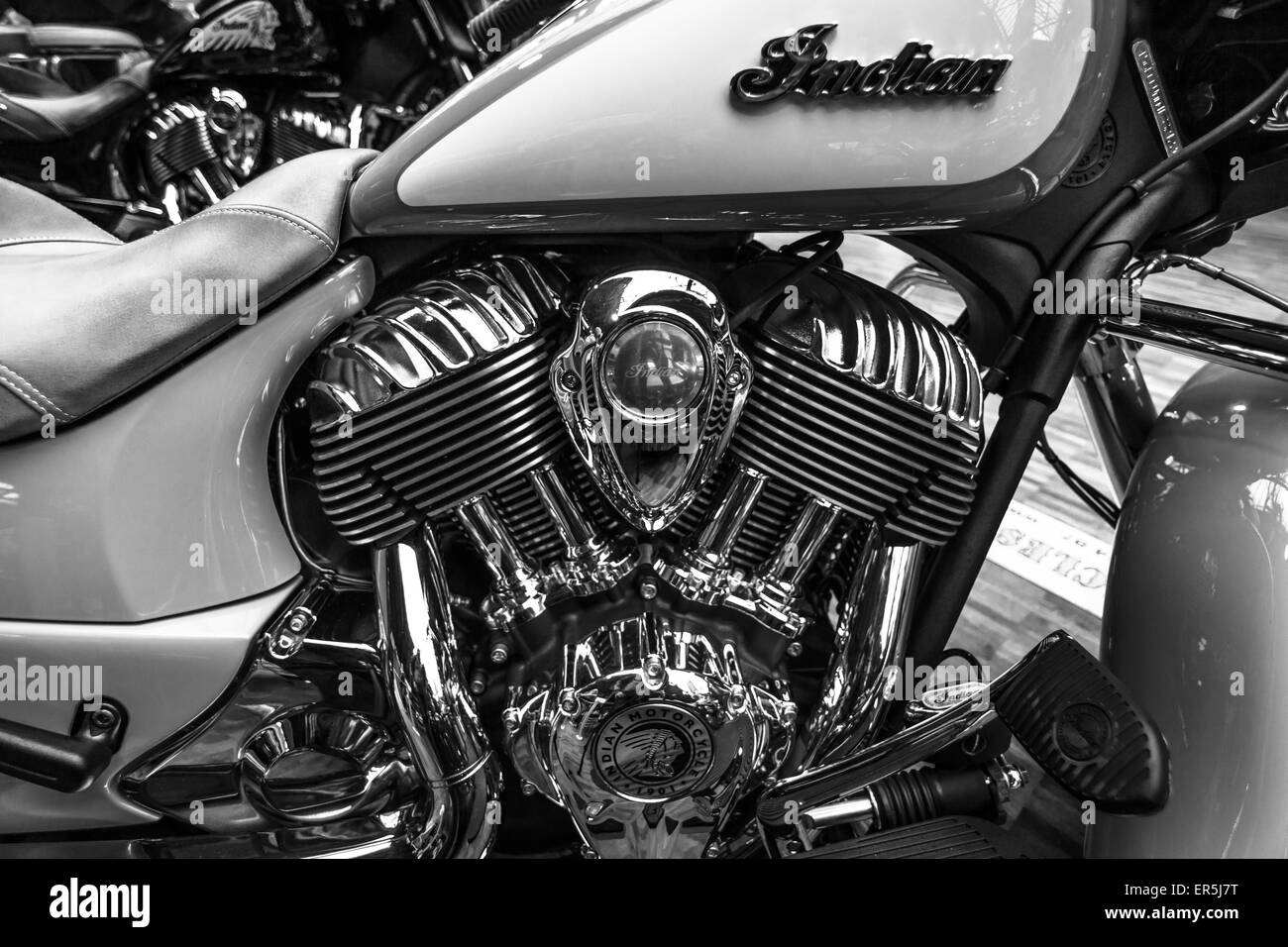 Motor für ein Motorrad Indian Chief Classic Nahaufnahme (2014-Present). Stockfoto