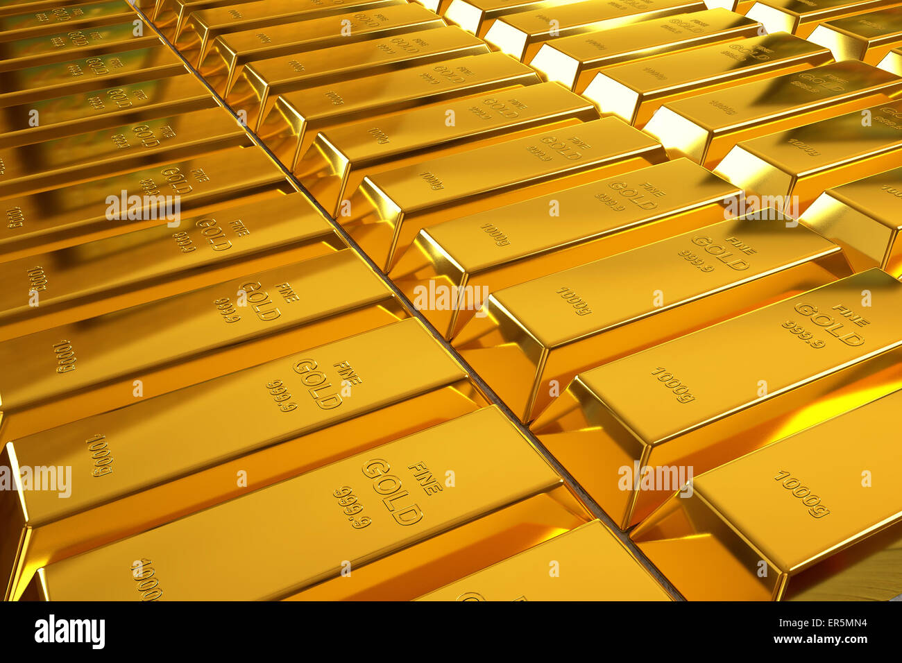 Reihen von gerenderten Goldbarren Stockfoto
