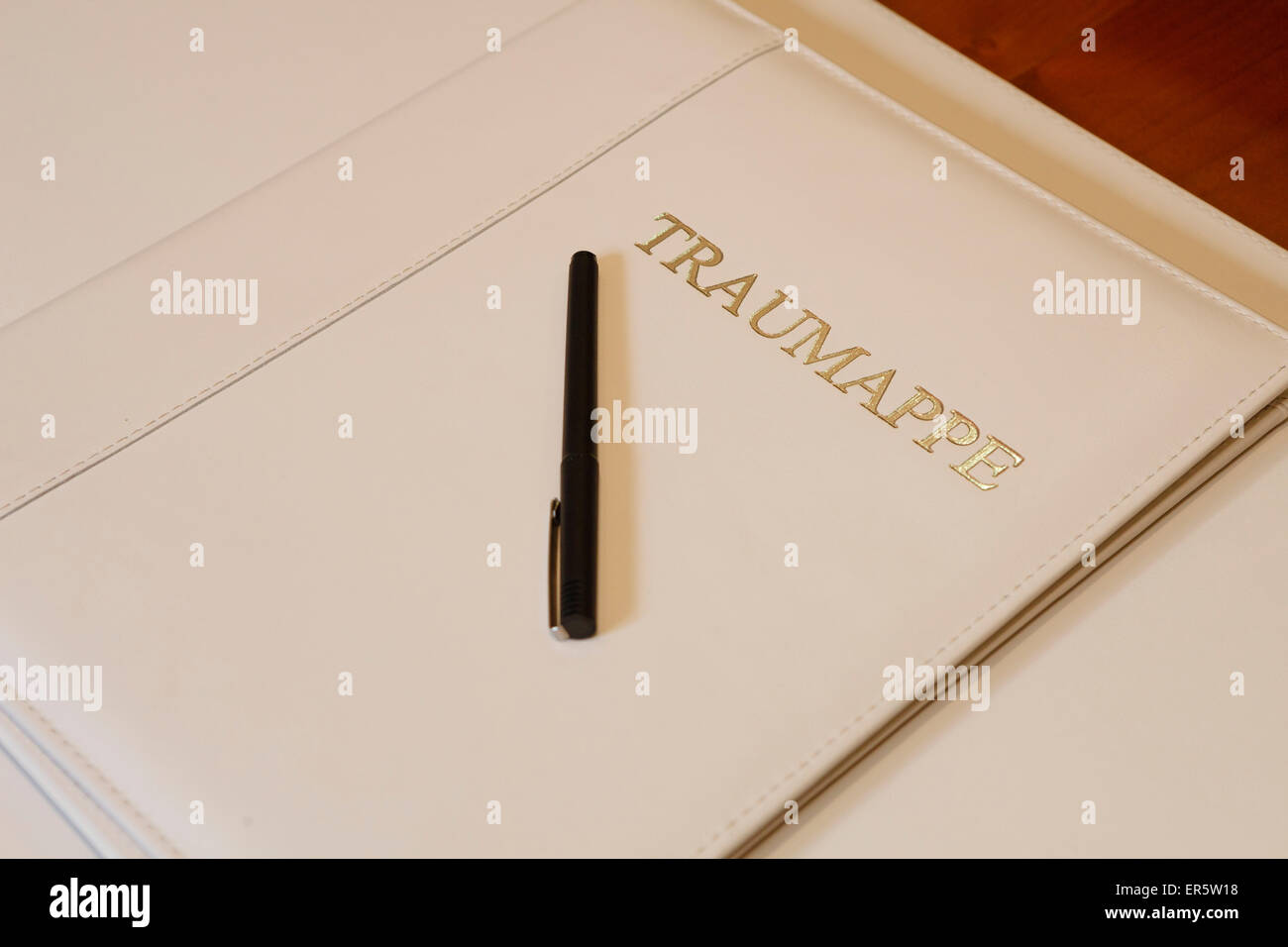 Stift liegt auf einem Produktblatt Ordner für standesamtliche Trauung, standesamtliche Trauung, Deutschland Stockfoto