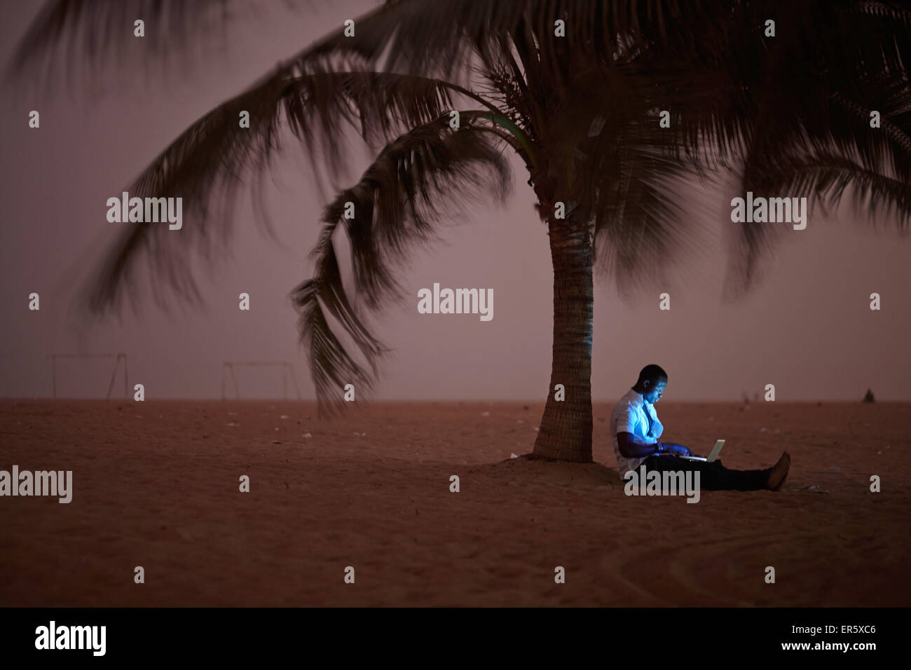 Mann mit einem Laptop beim Sitzen am Strand unter einer Palme, Togbin Plage, Route des Peches, in der Nähe von Cotonou, Benin Stockfoto