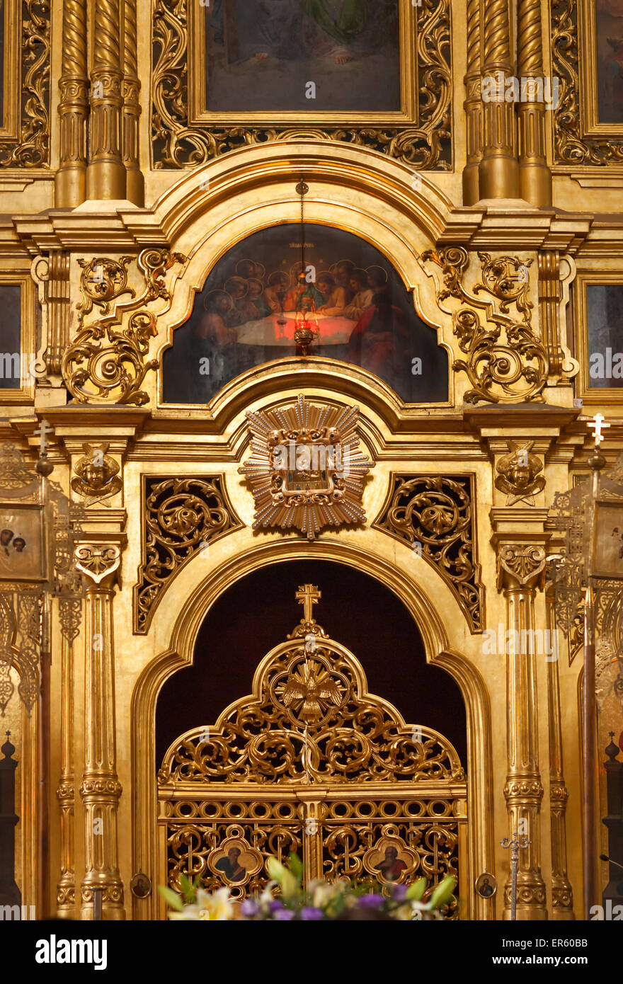 Altar-Detail mit Abendmahl-Gemälde in der Maria-Magdalena-orthodoxe Kirche, Praga Bezirk, Warschau, Polen, Europa Stockfoto