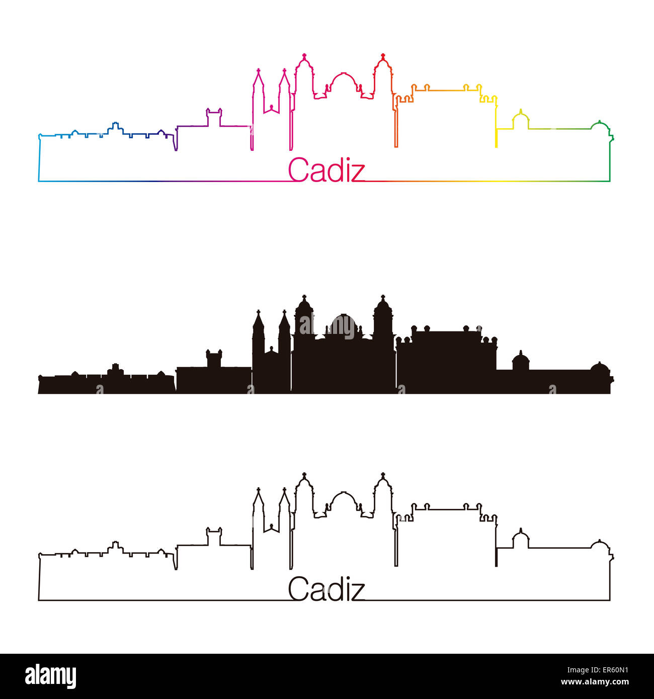 Cadiz Skyline linearen Stil mit Regenbogen in bearbeitbare Vektordatei Stockfoto