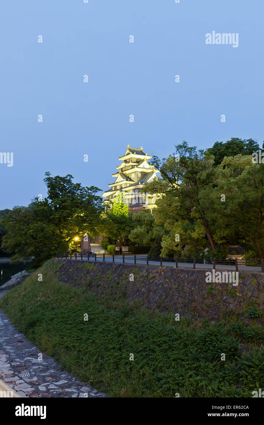 Nachtansicht von Okayama Schloss (den Spitznamen Crow) in Okayama-Präfektur. National Historic Site of Japan Stockfoto