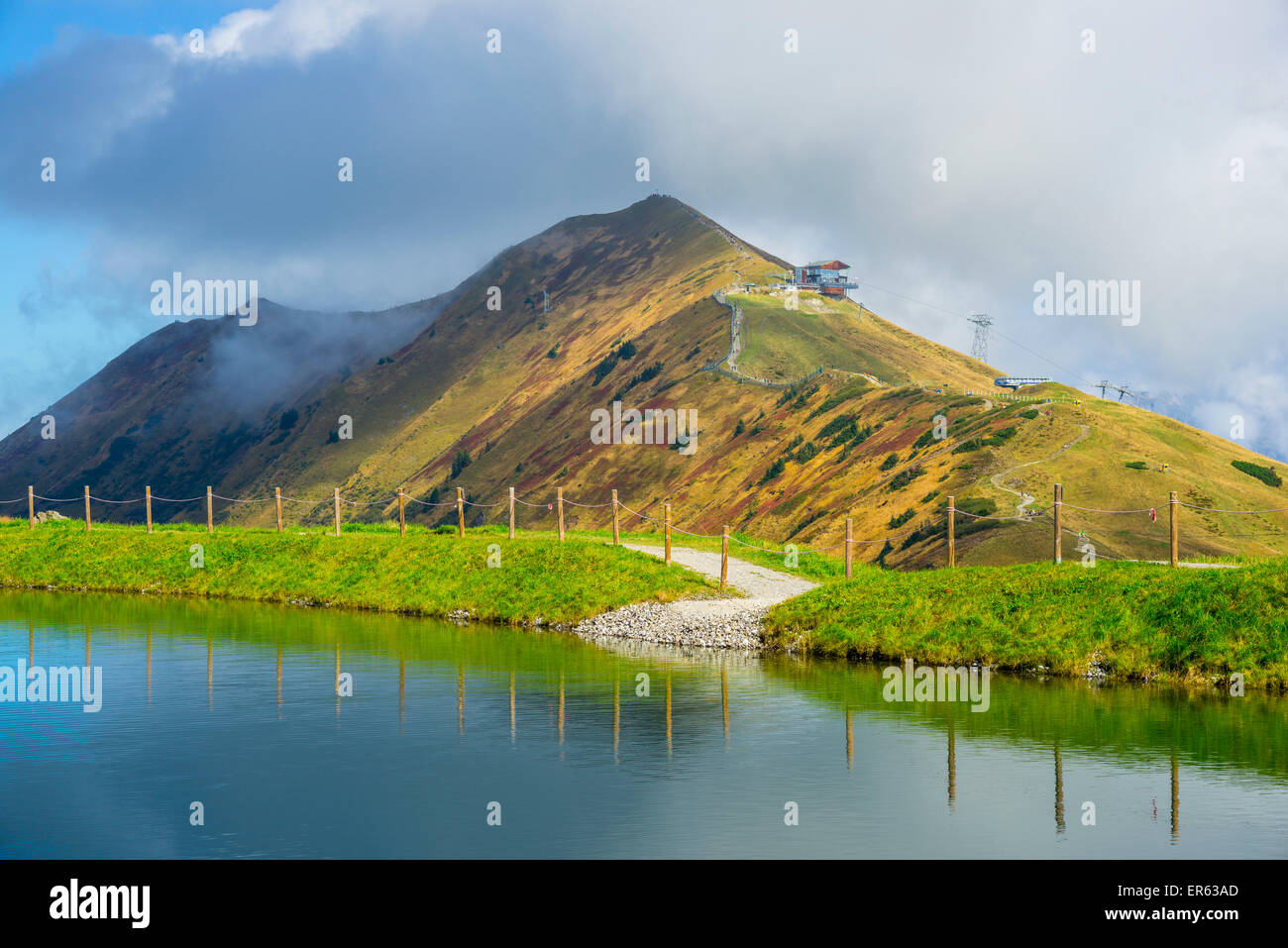 Stausee, Wasser in den Schnee zu ernähren Kanonen für die Piste der Fellhornbahn und Kanzelwandbahn, Fellhorn hinter 2038m Stockfoto