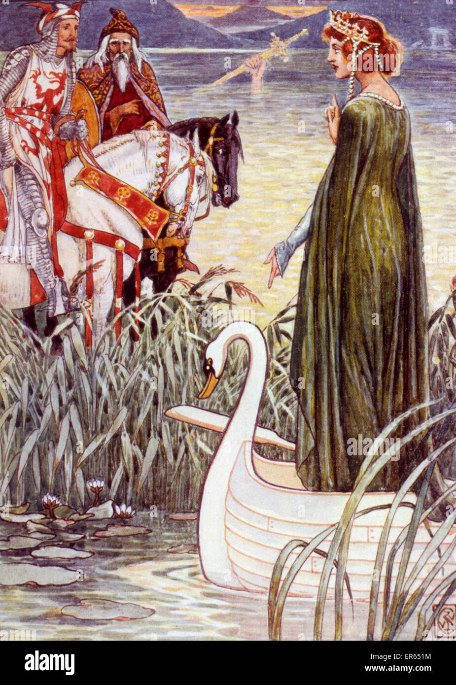 King Arthur (mit Merlin an seiner Seite) fragt die Dame des Sees für Excalibur. Stockfoto