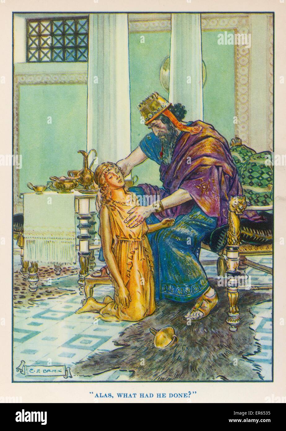 Zu seinem Entsetzen erfährt König Midas, dass seine Gabe alles, was er, in Gold berührt zu verwandeln eine schlechte Seite hat; als er seine geliebte Tochter umarmt, verwandelt seine Berührung ihr Gold.  ca. 780 v. Chr. Stockfoto