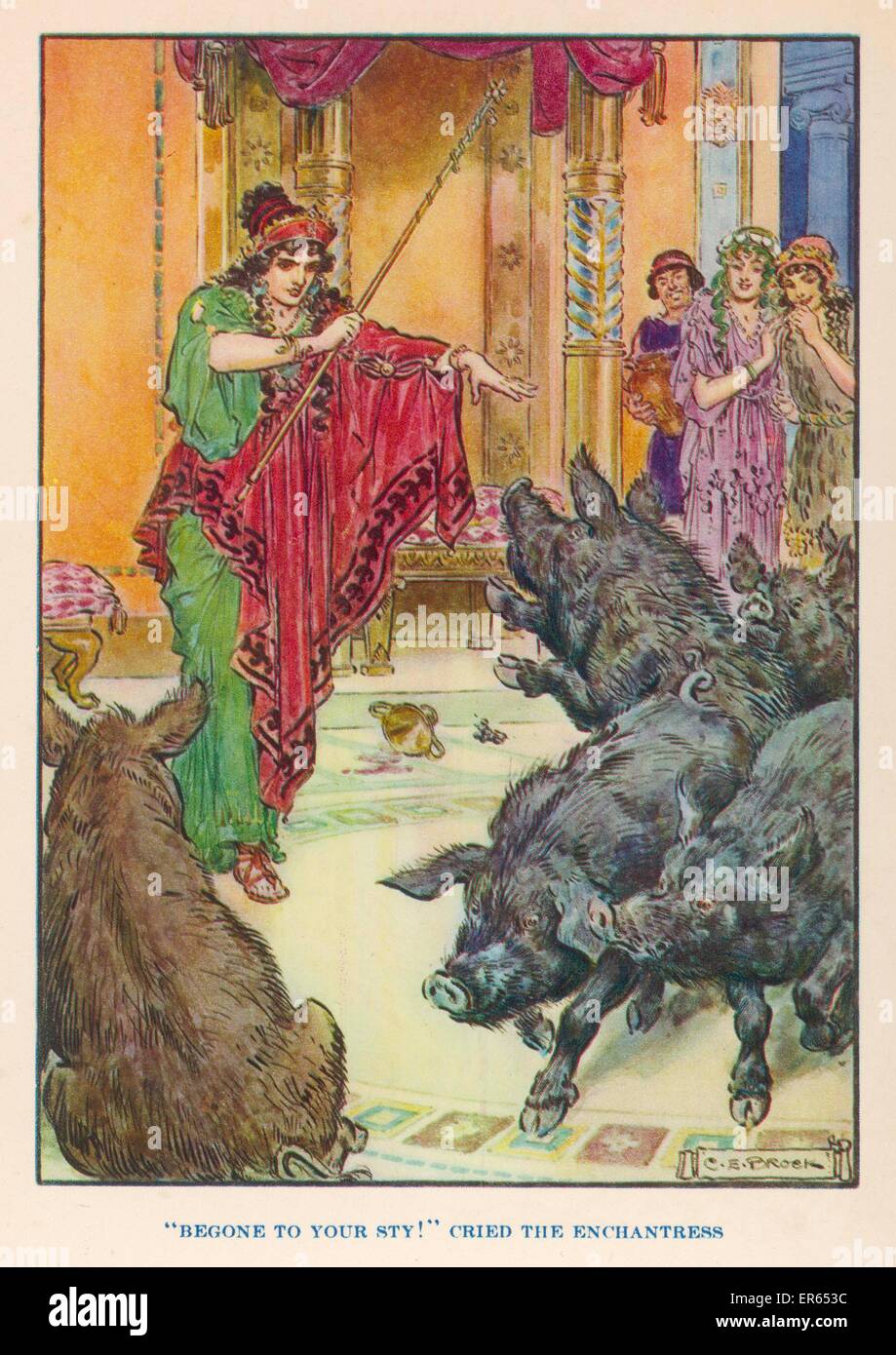 Die Zauberin Circe verwandelt sich Odysseus Männer in Schweine. Stockfoto