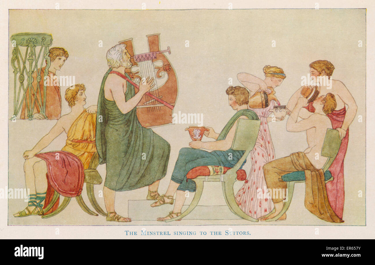 Auf Ithaka betrinken sich in der Abwesenheit des Odysseus (Odysseus), gelangweilt Penelopes Freiern, während ein Spielmann seine Leier spielt. Telemach, Odysseus Sohn, Uhren mit Missbilligung. Stockfoto