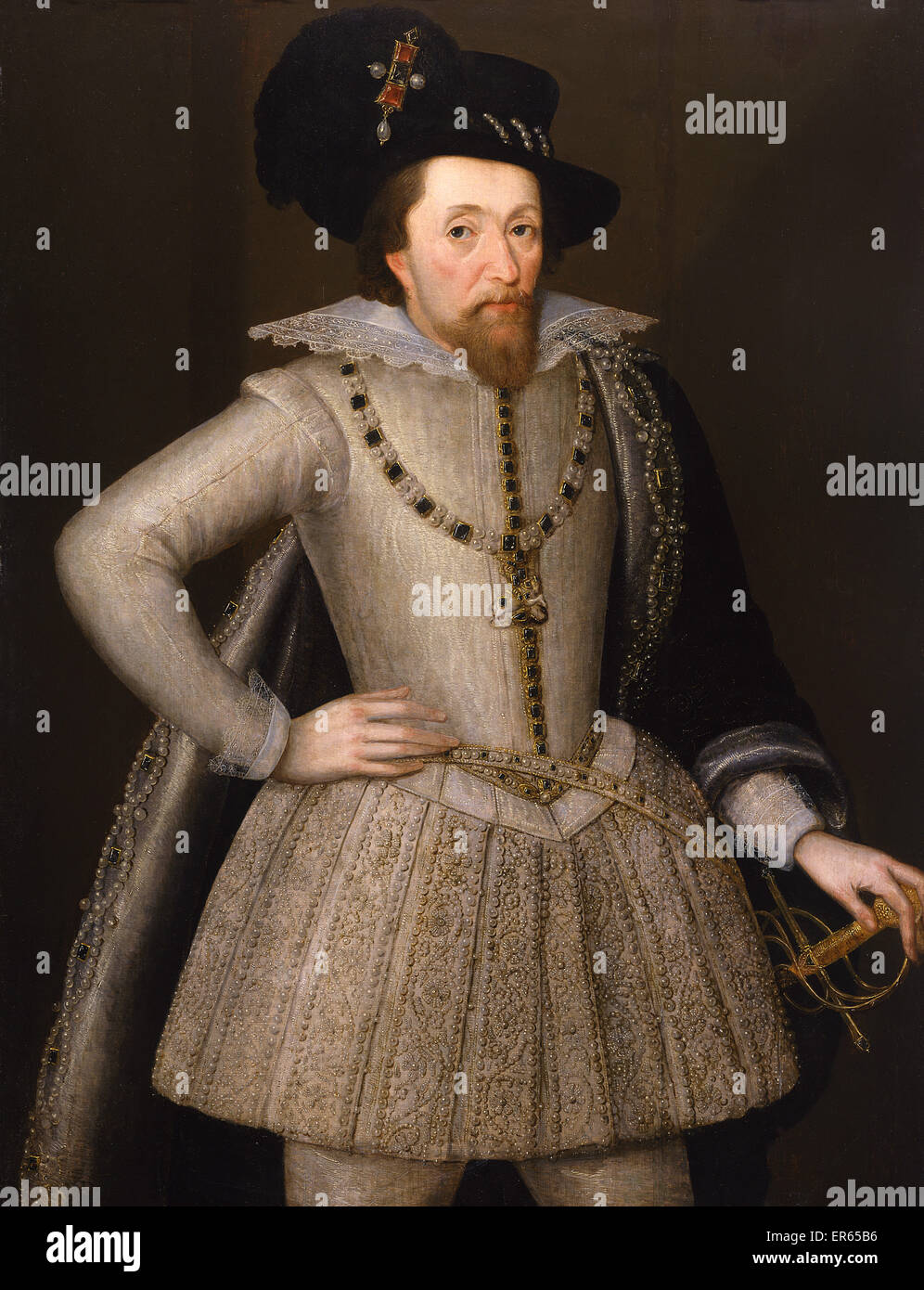 Halblängen Porträt von König James I, von John de Critz der ältere (c.1552-1642). Stockfoto