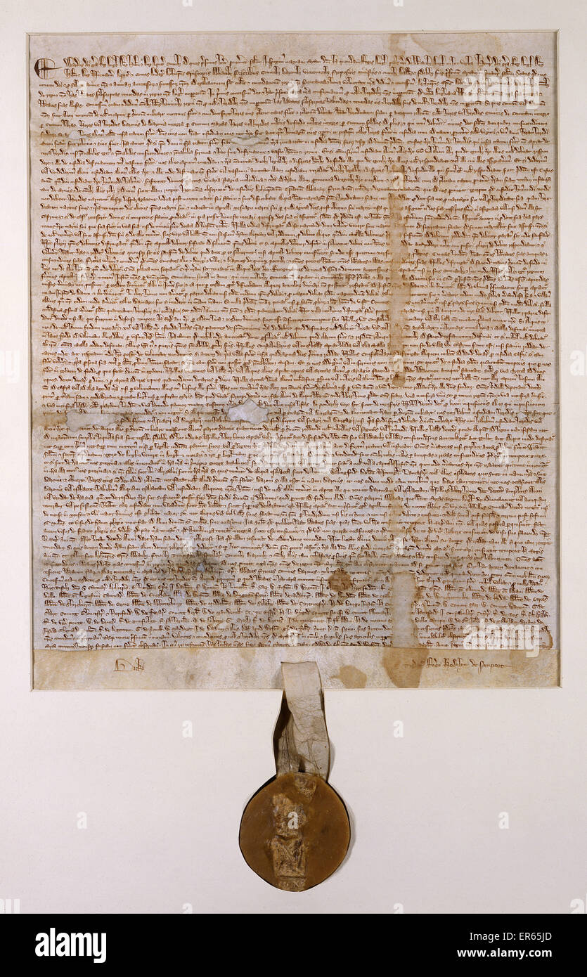 Brudenell Magna Carta, Dokument auf Pergament, datiert 12 Oktober 1297 mit einem erheblichen Fragment des großen Siegels Edward ich. Die ursprüngliche Magna Carta wurde 1215 in lateinischer Sprache herausgegeben. Diese Kopie ist in Cursiva Anglicana Handschrift. (2 von 2) 1297 Stockfoto