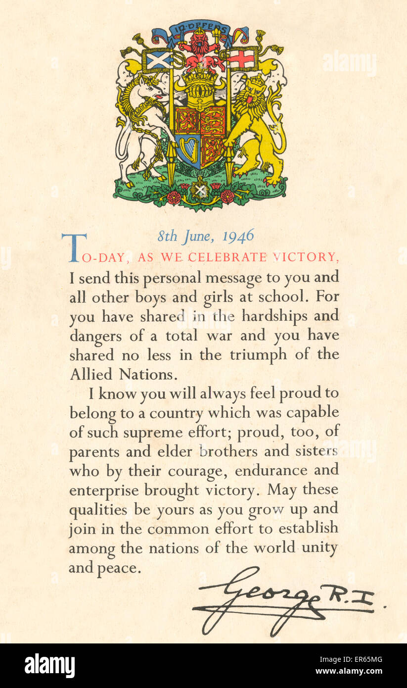 Ein Zertifikat von König George VI zu den Kindern von Großbritannien am 8. Juni 1946 - als eine Erinnerung für den Austausch in den Härten und endgültigen Triumph im zweiten Weltkrieg ausgestellt. Die Nachricht endet mit dem Satz: kann diese Qualitäten (stolz, Mut Stockfoto