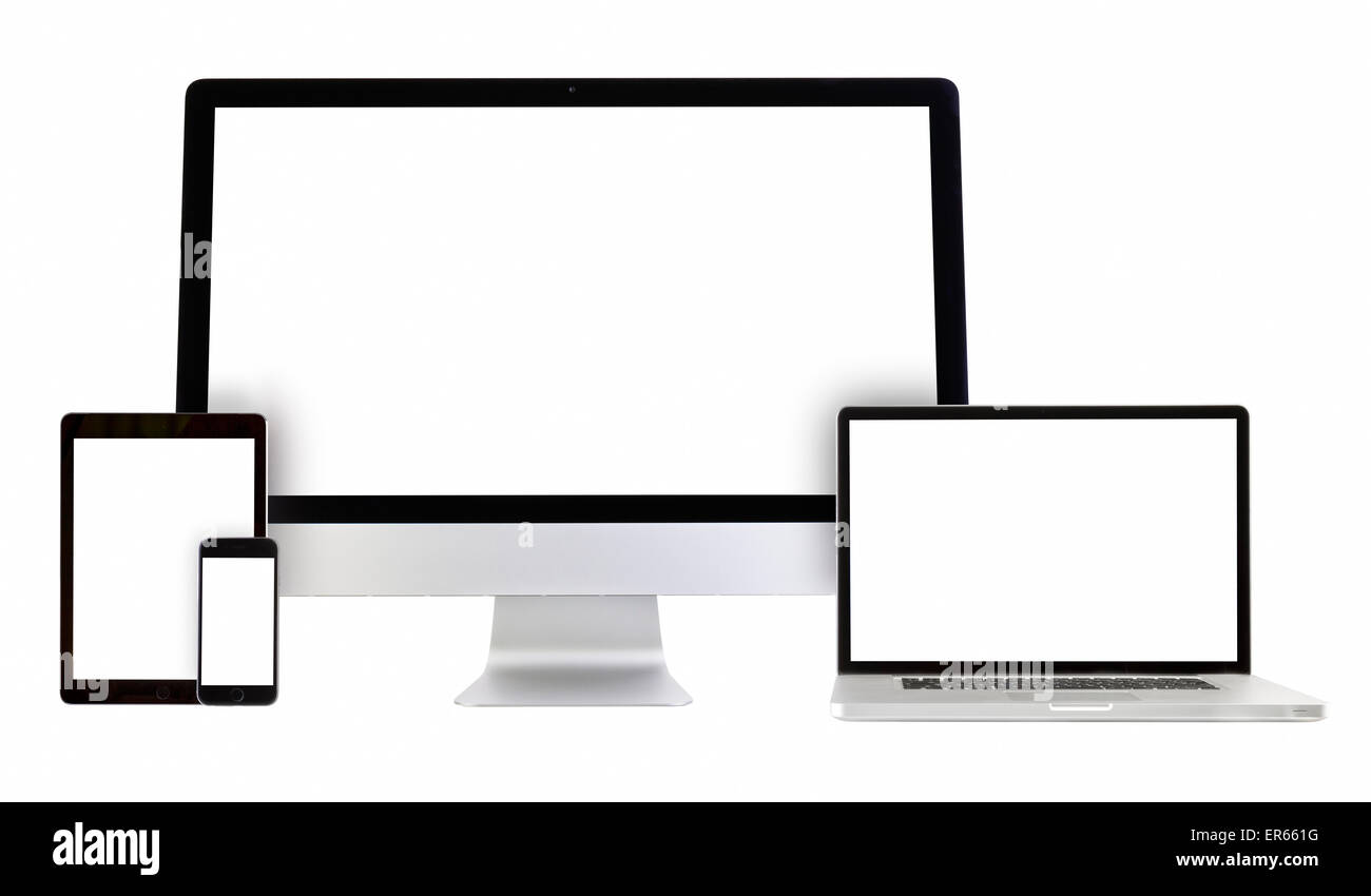 modernen Monitor, Computer, Laptop, Handy, Tablet auf weißem Hintergrund Stockfoto