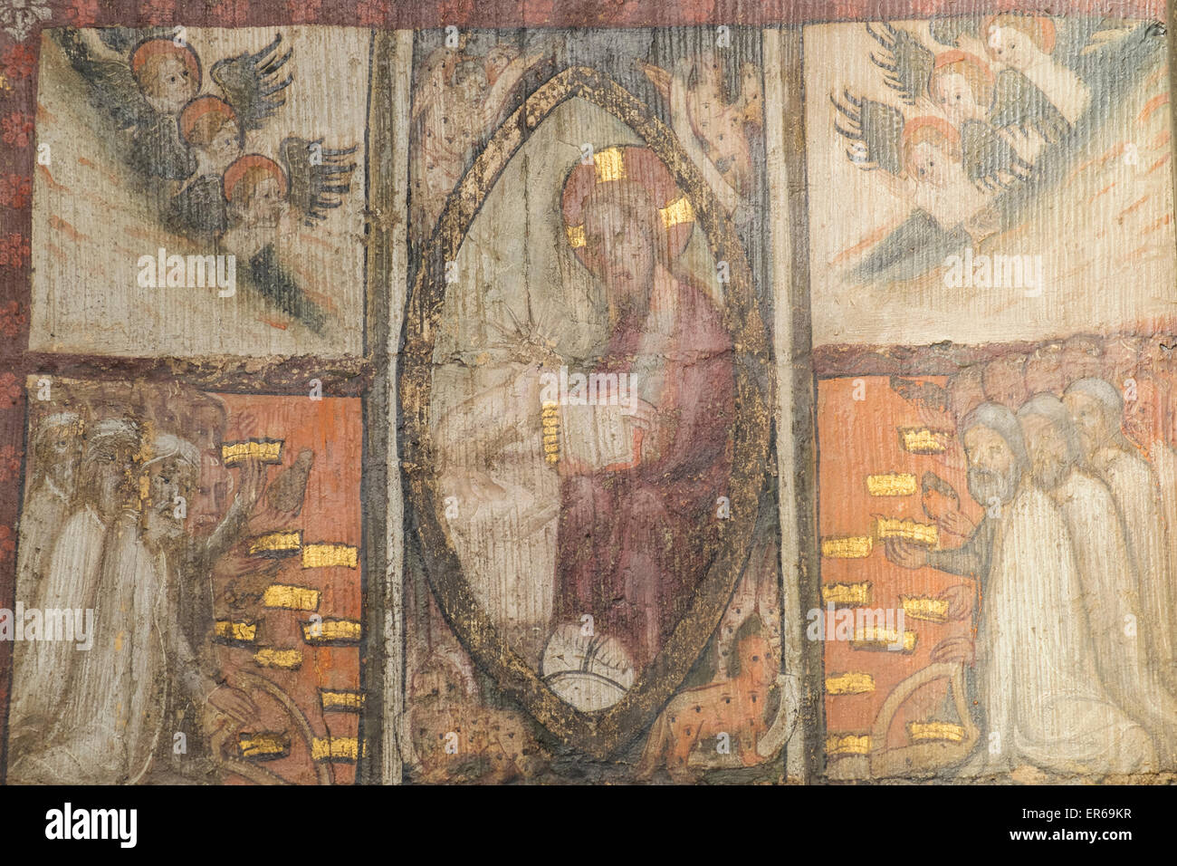 London, Westminster Abbey, der Kapitelsaal, Wandmalereien aus dem 1400 zeigt Szenen aus dem Buch der Offenbarung Stockfoto