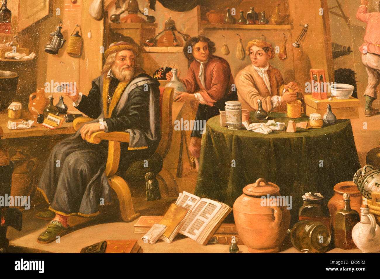 England, London, The Wellcome Collection, The Reading Room, 17. Jahrhundert Gemälde mit dem Titel "ein Alchemist in seinem Labor" Stockfoto