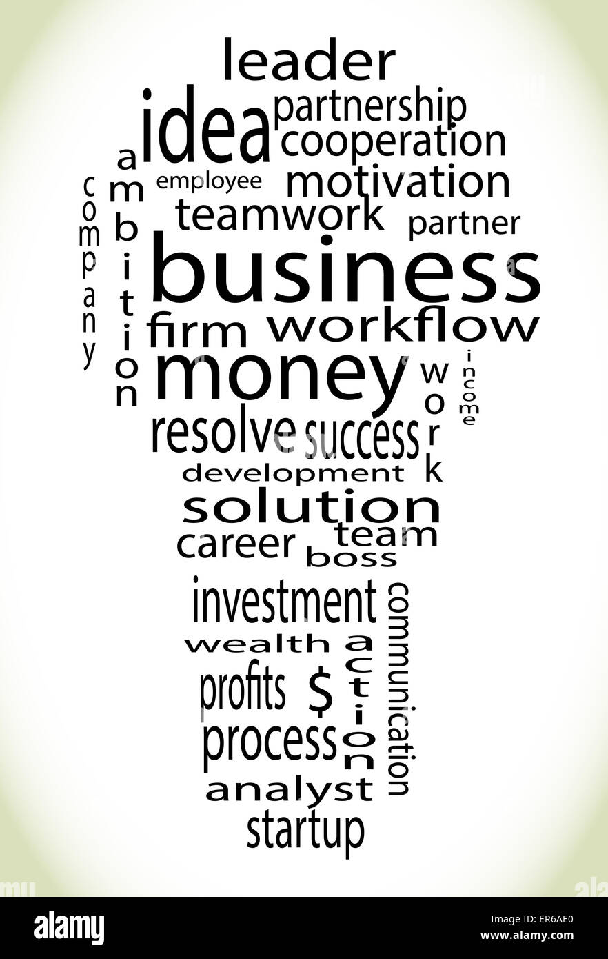 WordCloud Geschäft Glühbirne. Prozess-denken innovativ Glühbirne Idee Erfolg Lösung Innovation tag Stockfoto