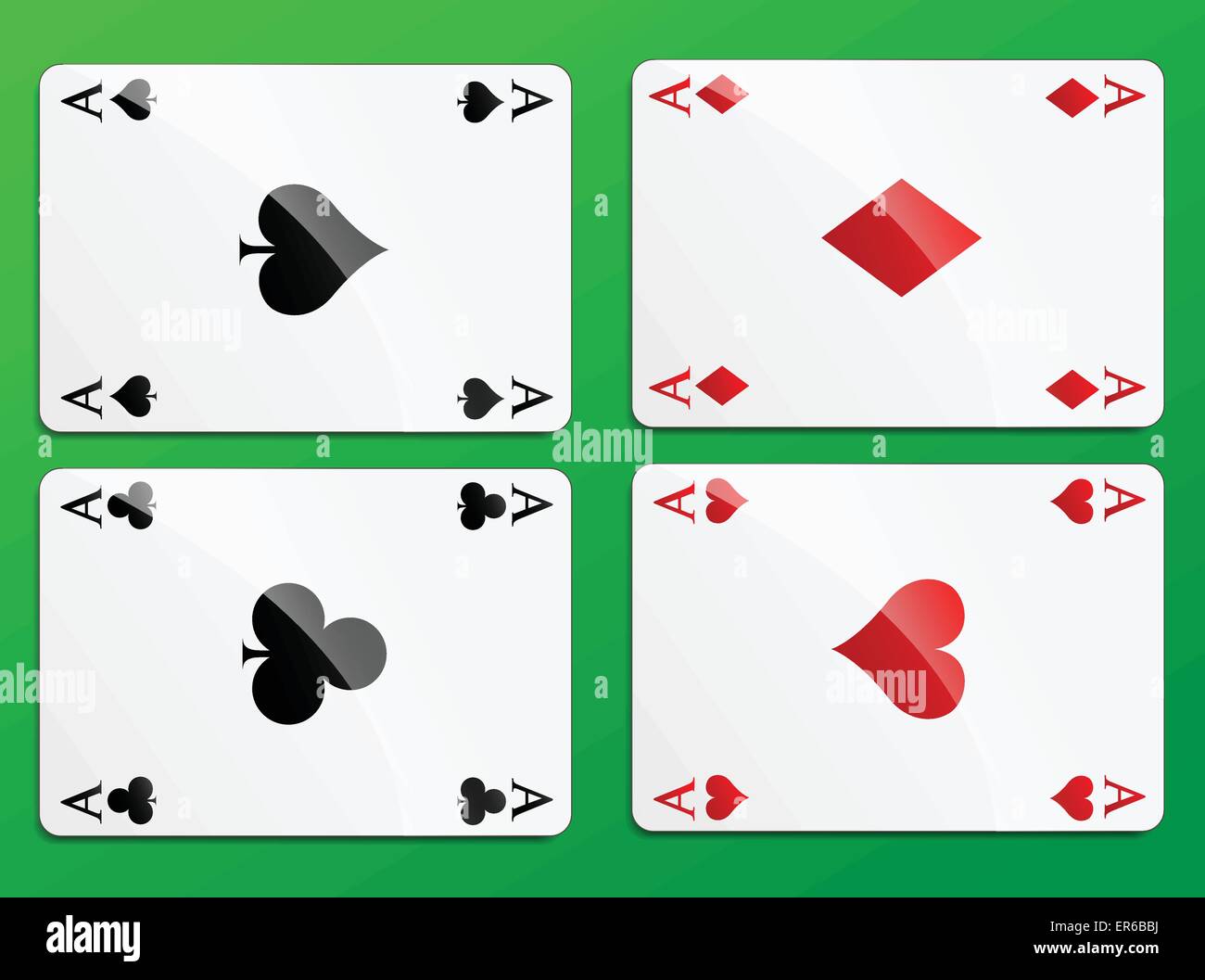 Vektor-Illustration von vier Asse Spielkarten auf grünem Hintergrund Stock Vektor