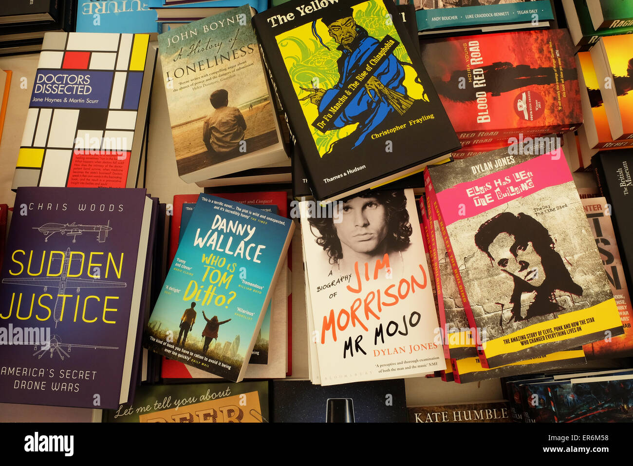 Hay Festival, Powys, Wales - Mai 2015 - Eine Auswahl der neue Bücher und neuesten Titel auf Verkauf im Heu Book Festival Buchhandlung. Stockfoto