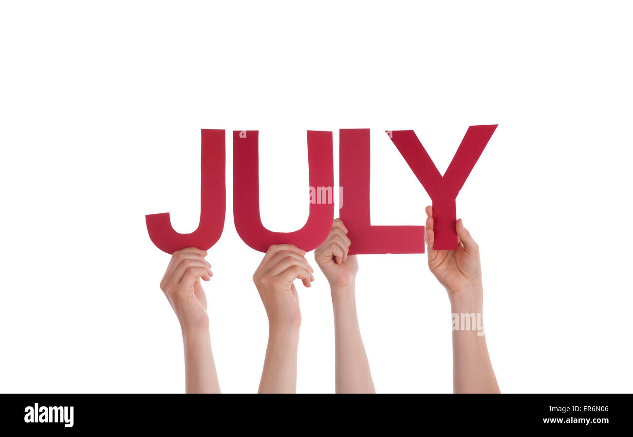 Viele Menschen Hände halten rot gerade Wort Juli Stockfoto
