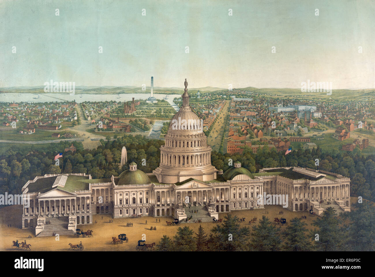 Ansicht von Washington DC. Aus der Vogelperspektive mit dem U.S. Capitol im Vordergrund und das Washington Monument im Hintergrund. C. 1869 Stockfoto