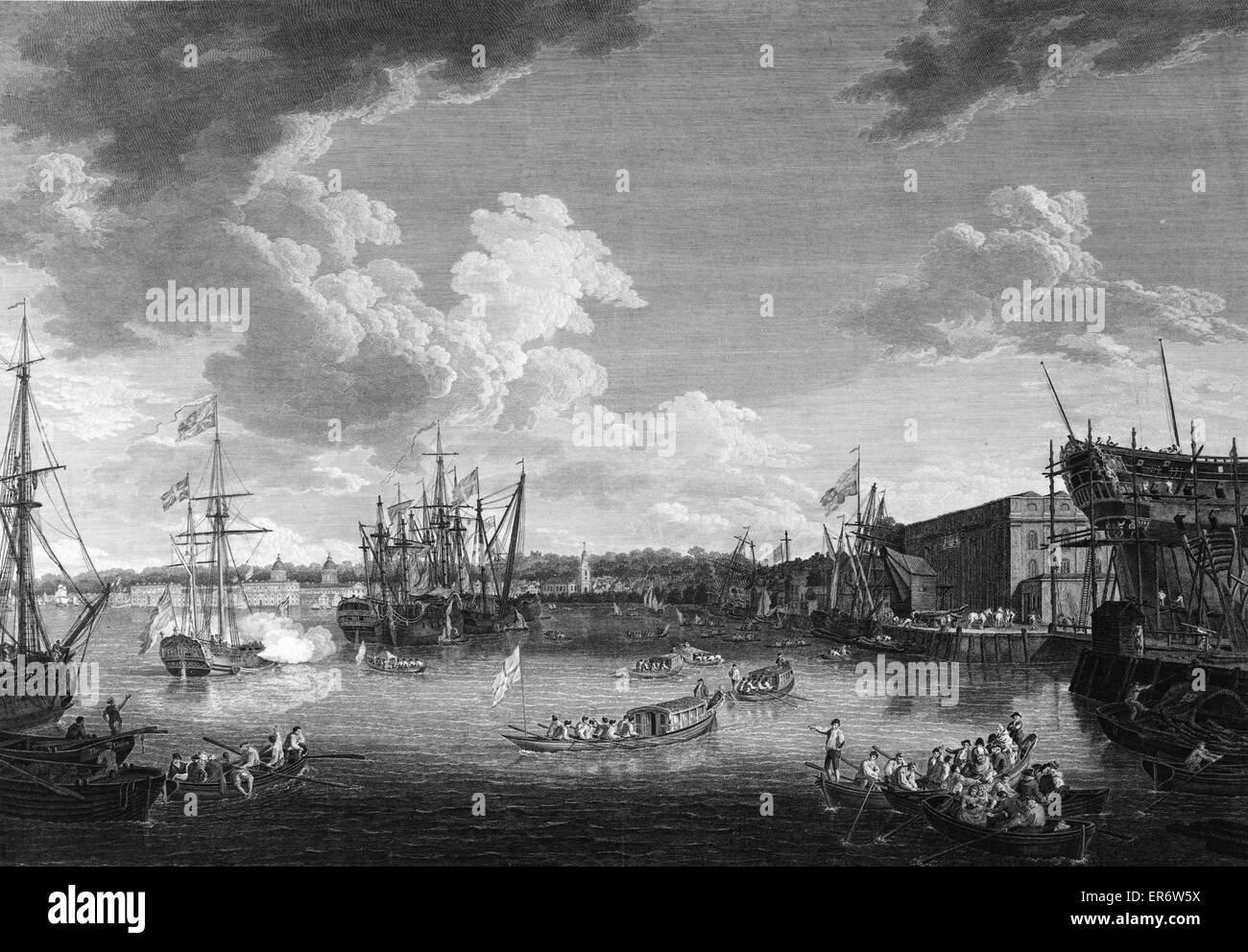 Allerhöchste Majestät des Königs diese Ansicht der königlichen Andocken Werft Deptford Boote am Thames River und Werft Deptford, London, England. Datum 1775. Stockfoto