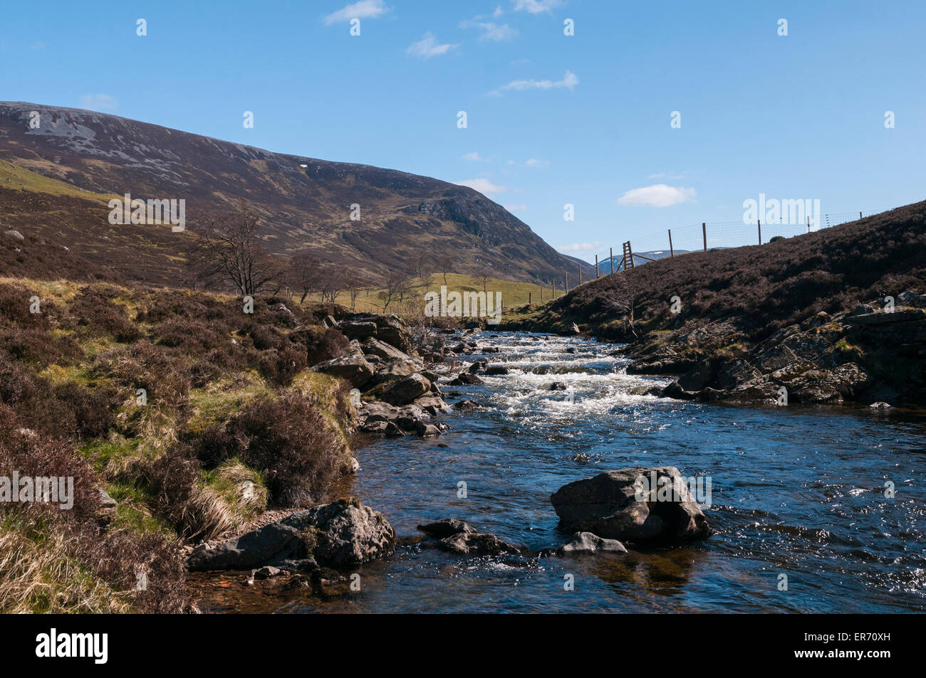 Nachschlagen von Clunie Wasser in Glen Clunie mit Creag Nan Gabhar im Hintergrund, Schottland Stockfoto