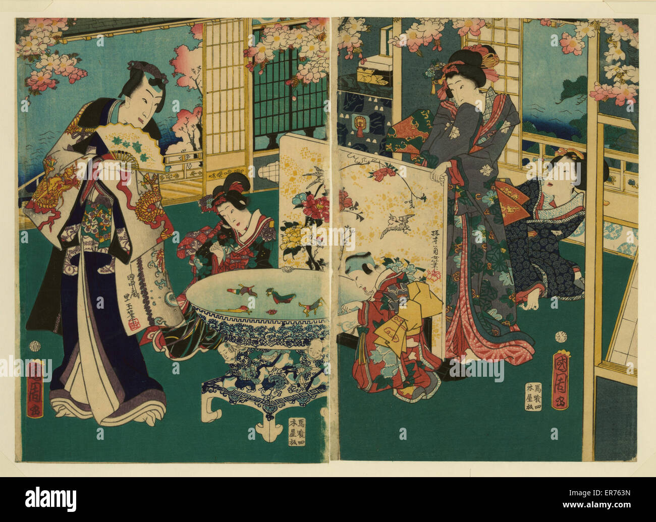 Blühleistung. Ukiyo-e Diptychon zeigt Reich gekleideter Mann, zwei Kinder und zwei Frauen in einem reich ausgestatteten Innenraum. Datum 1862. Stockfoto