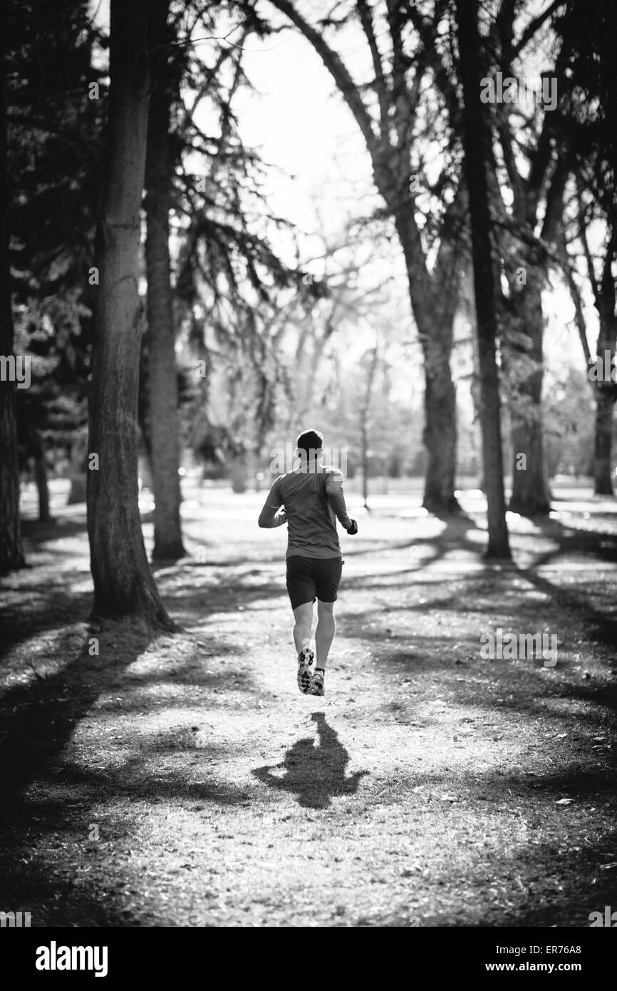Ein junger Mann joggt in einem Park. Stockfoto