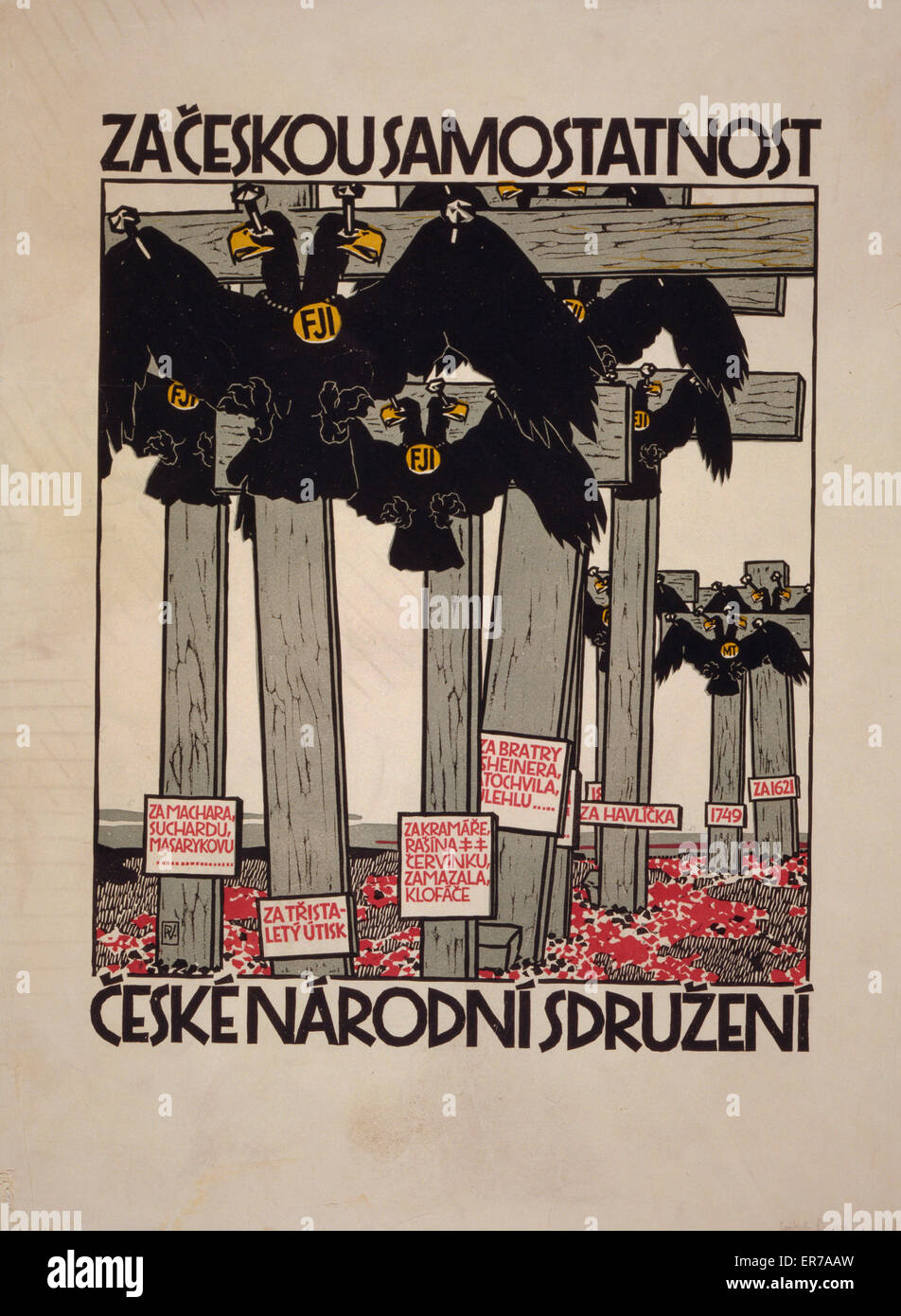 Poster mit doppelköpfigen kaiserlichen Adlern, die an cros genagelt wurden Stockfoto