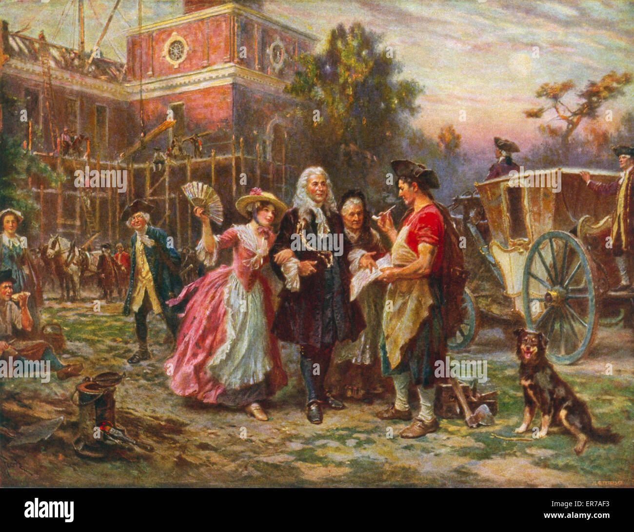 Bauen die Wiege der Freiheit. Andrew Hamilton, bespricht mit einer jungen Frau auf dem Arm und einer älteren Frau auf der anderen Baupläne mit Vorarbeiter während des Baus der Independence Hall (siehe Hintergrund) in Philadelphia irgendwann b Stockfoto