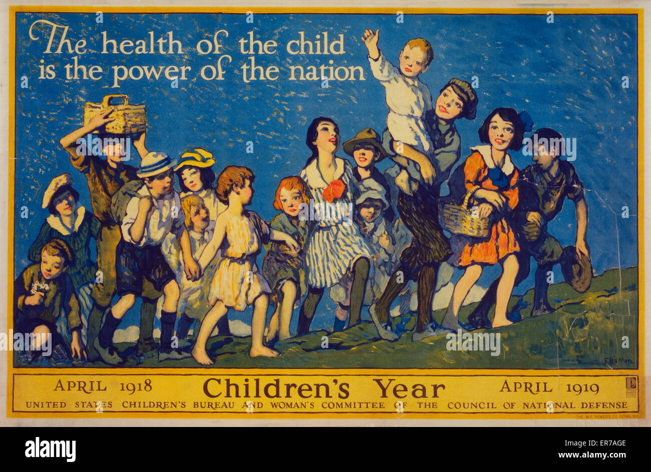 Die Gesundheit des Kindes ist die Macht der Nation Kinder Jahr, April 1918 - April 1919. Plakat zeigt eine Gruppe von glücklichen Kindern auf einem Hügel. Datum, 1918. Stockfoto