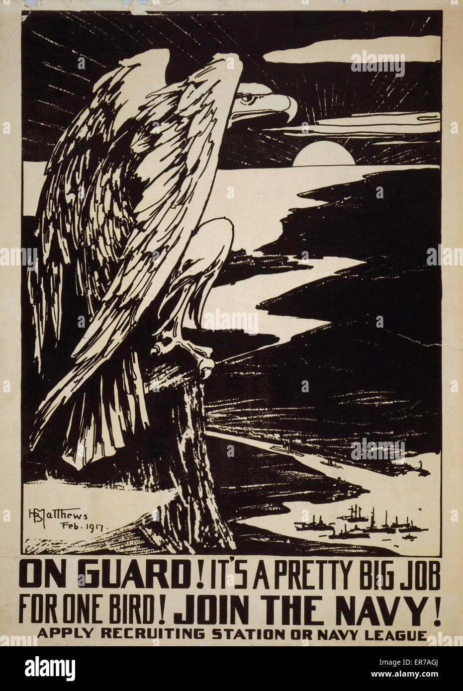 Auf der Hut! Es ist eine ziemlich große Aufgabe für einen Vogel! Schließen Sie sich der Marineministeriums! Stockfoto