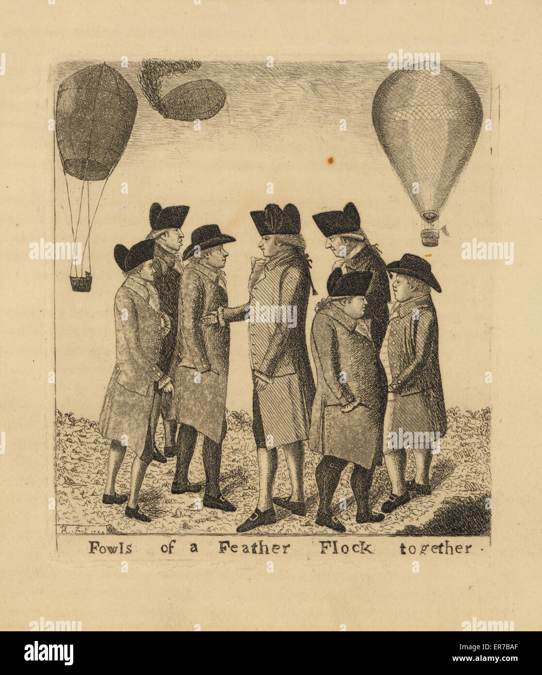 Vögel des eine Feder Herde zusammen. Schottische Karikatur zeigt eine Gruppe von Männern im Gespräch wie Ballons über Kopf Segeln. Möglicherweise schottischen Ballonfahrer James Tytler und italienischen Ballonfahrer Vincent Lunardi. Datum, 1785. Stockfoto