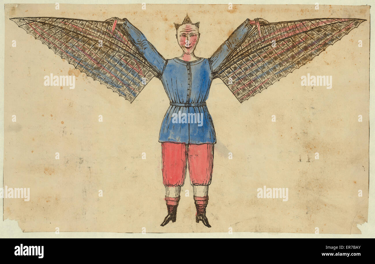 Humorvolle Darstellung eines Mannes, der mit Flügeln fliegt Stockfoto