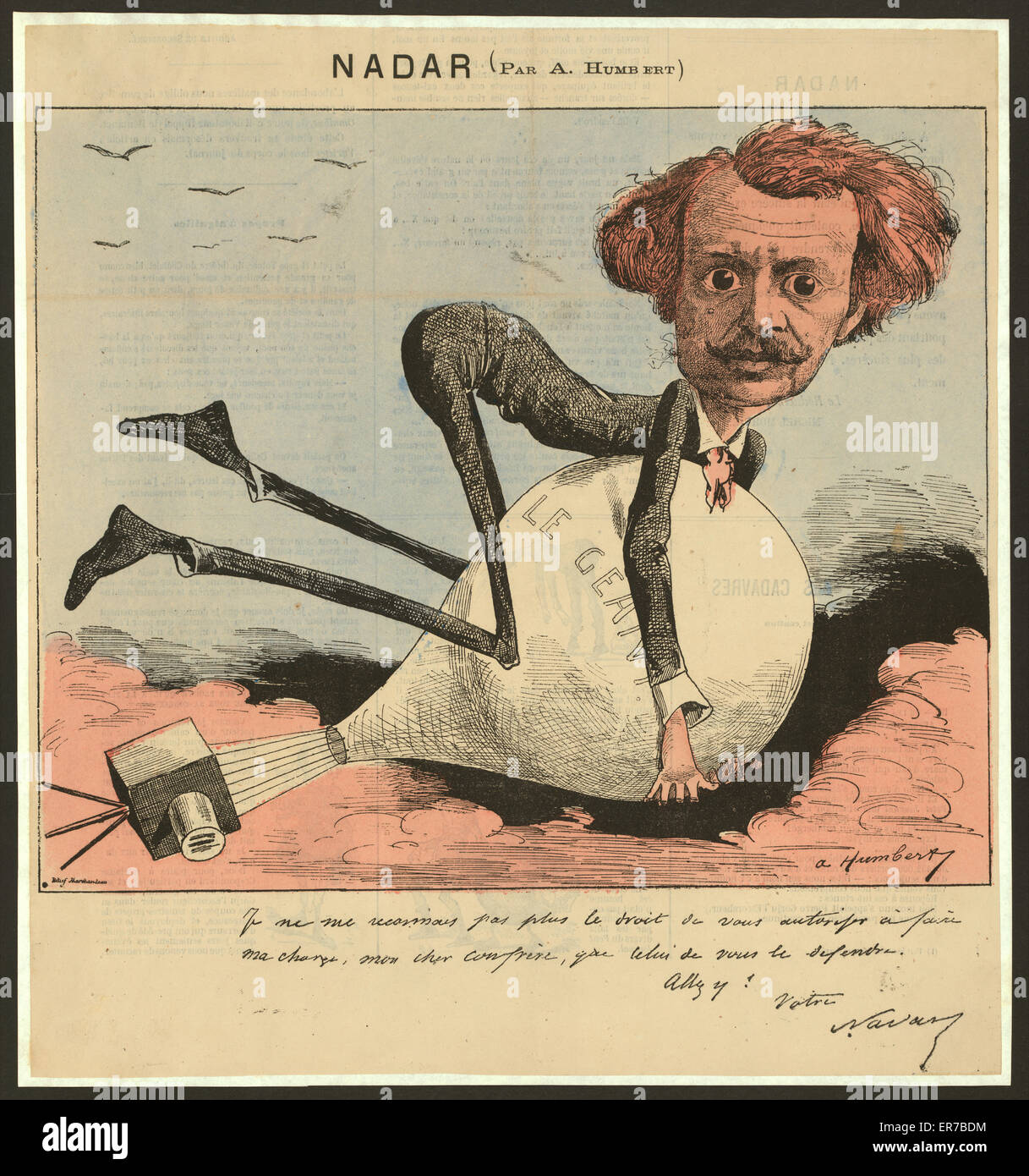 Nadar. Französische Karikatur des Fotografen und Ballonfahrer driftet Nadar  hängend auf seinem Ballon, Le Geant, als es mit der Windströmungen. Der  Korb des Ballons wird als eine Kamera abgebildet. Datum 1863  Stockfotografie -