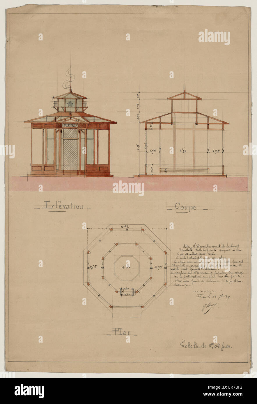 Architekturzeichnung mit Höhe, Querschnitt und Stockfoto