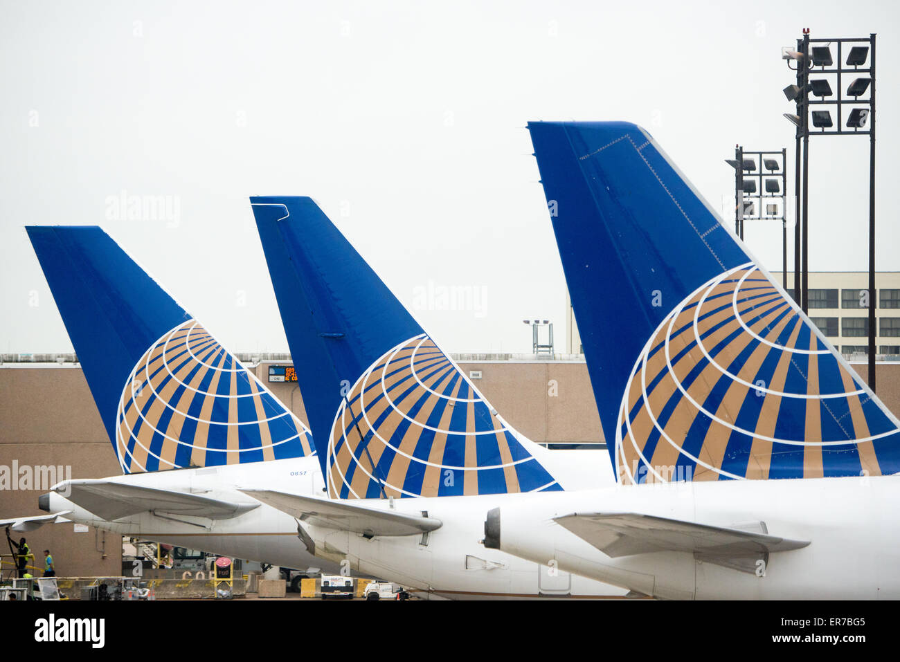 Eine Reihe von drei Schwänzen von United Airlines Flugzeuge aufgereiht am Gate am Flughafen. Jede Rute hat das neue United-Logo nach der Fusion mit Continental Airlines. Stockfoto