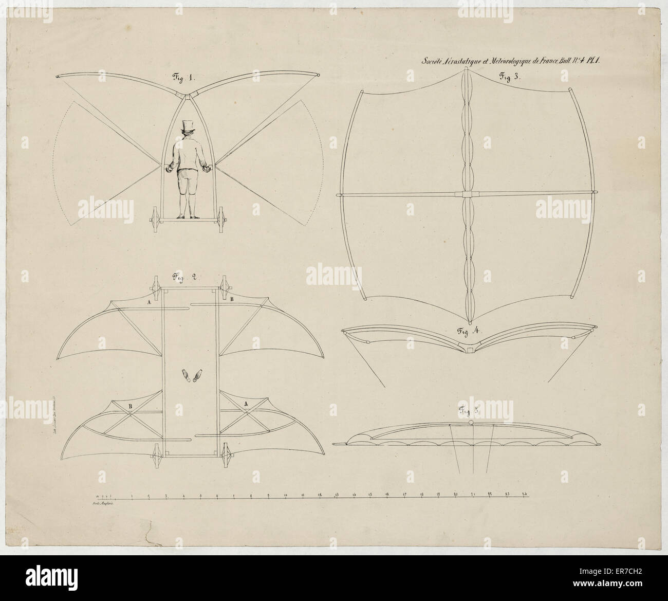 Konstruktionszeichnung für eine Mann-angetriebene Flugmaschine, entworfen von Sir George Cayley. Datum, 1853. Stockfoto