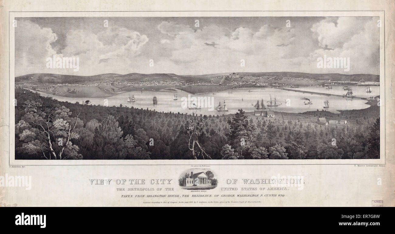 Blick auf die Stadt Washington, die Metropole der Vereinigten Staaten von Amerika, Arlington House, die Residenz des George Washington P. Custis Esq. Date c1838 entnommen. Stockfoto