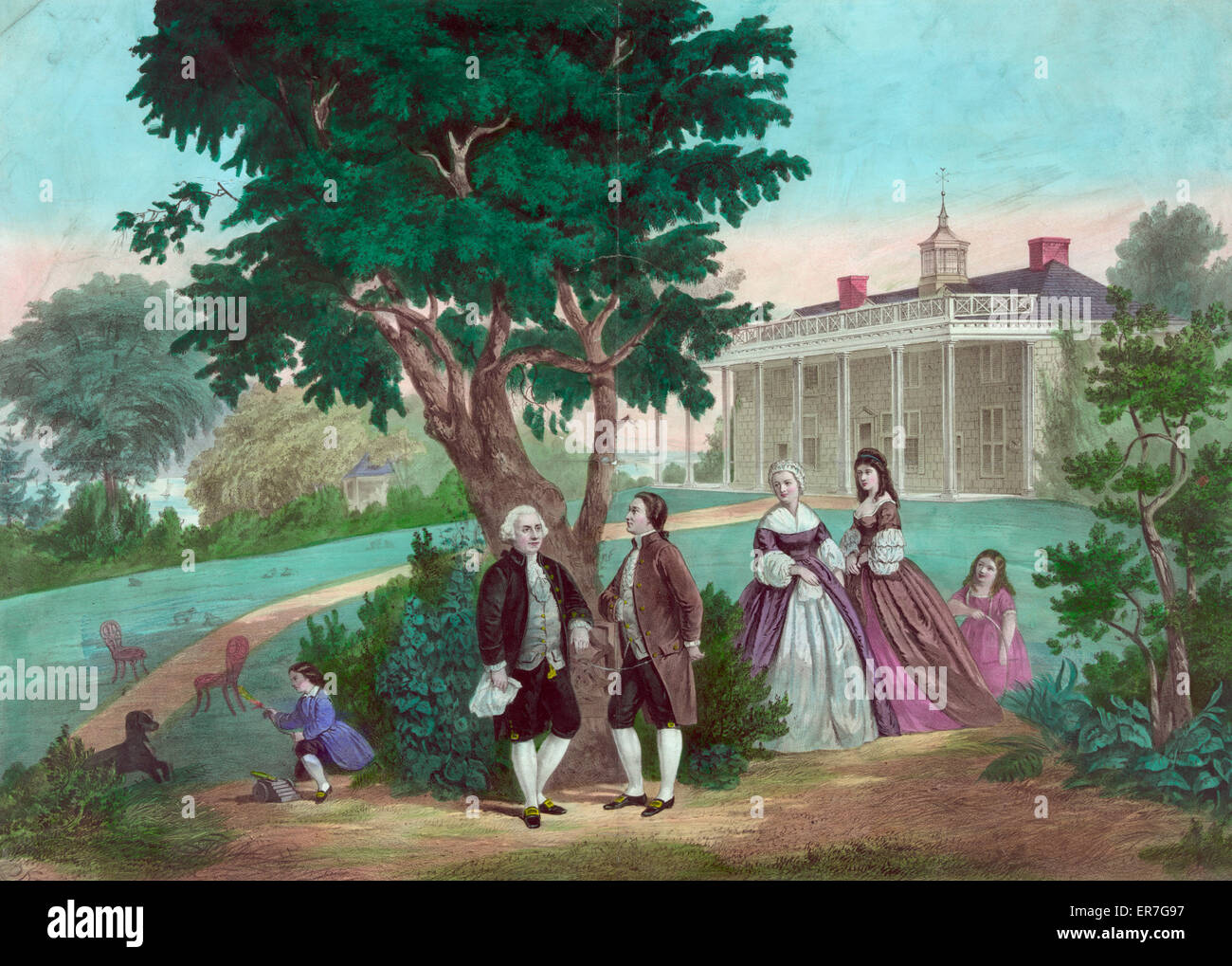 Mount Vernon. George Washington und dem Marquis de Lafayette sind in Gruppe auf Rasen. Datum, 1867. Stockfoto
