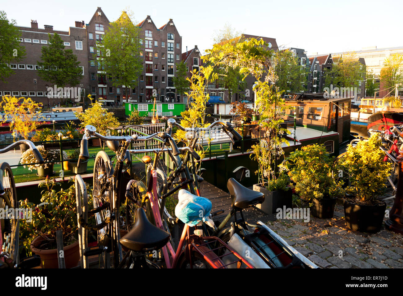 Ein Haus Boot auf dem Kanal Oudeschans, Amsterdam Niederlande Stockfoto
