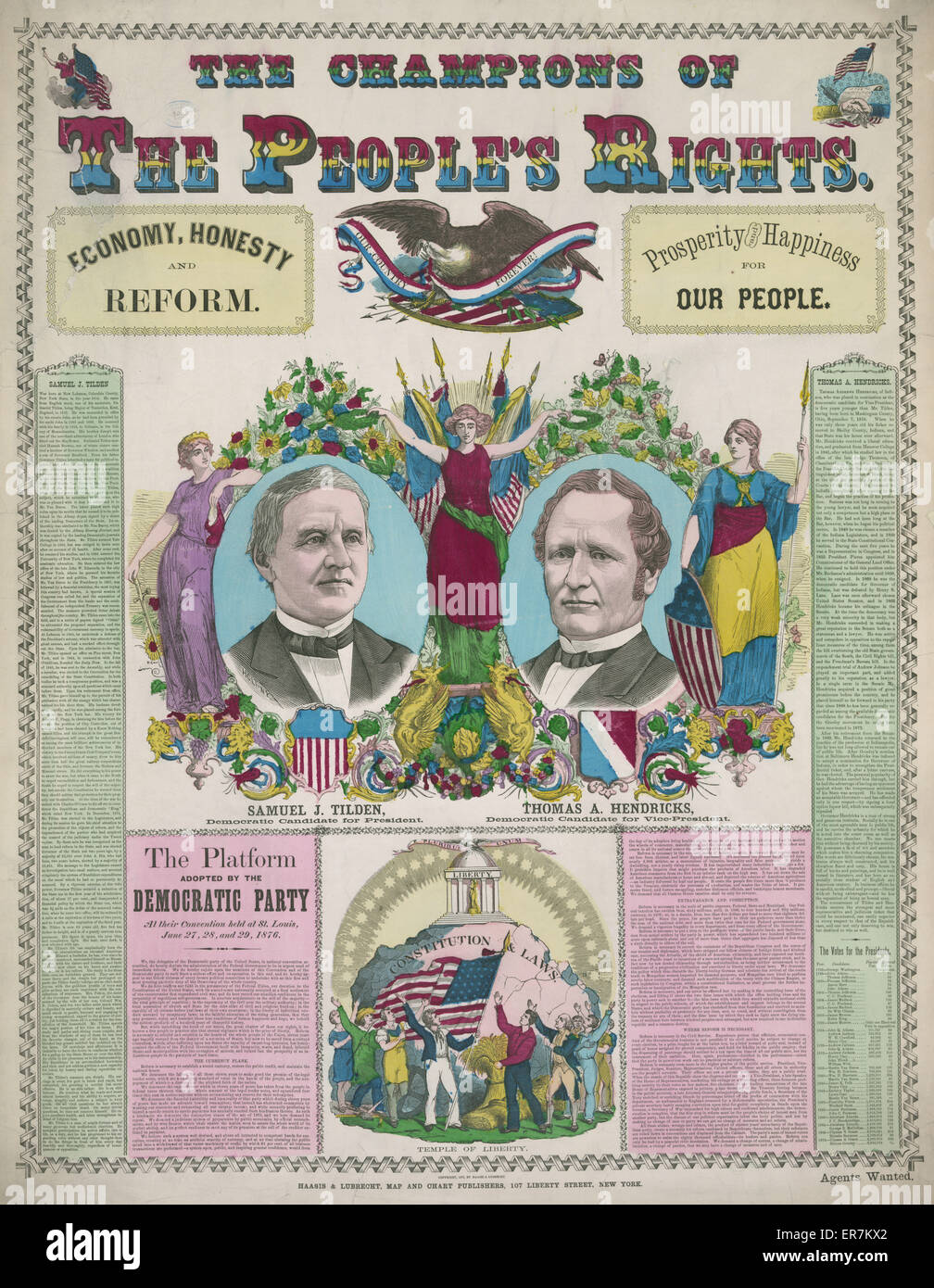 Die Champions der das Recht des Volkes. Ein weiterer großer Kampagne Breitseite oder ein Diagramm für Tilden und Hendricks. (Siehe auch Nr. 1876-4.) Die Kandidaten Büste Porträts erscheinen in ovalen Medaillons eingerahmt von üppigem Grün und Blumen. Eine klassische weibliche Figur betwee Stockfoto
