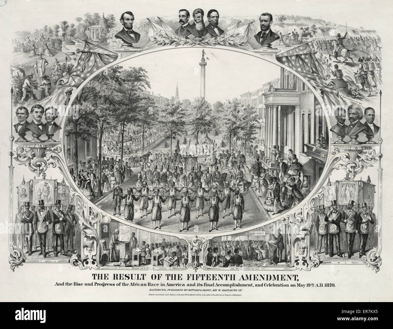 Das Ergebnis der fünfzehnte Änderung und den Aufstieg und die Fortschritte der afrikanischen Rasse in Amerika und seine endgültige Erfüllung und Feier am 19. Mai, A.D., 1870. Einer der mehrere Großdrucke Festschrift anlässlich der Verabschiedung am 30. März 1870, th Stockfoto