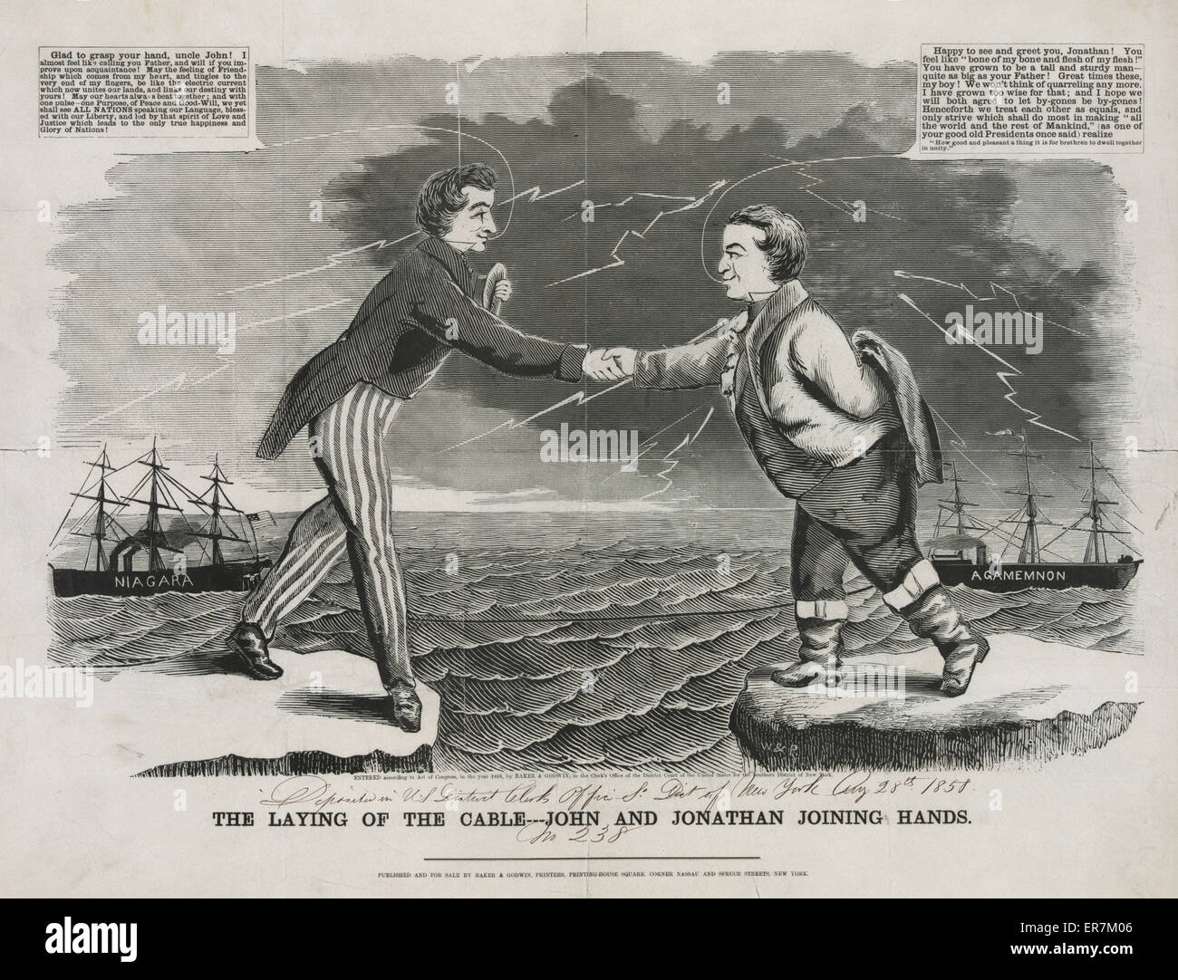 Die Verlegung des Kabels---John und Jonathan Hand in Hand. Eine grobe aber ansprechende Bild, feiert das Wohlwollen zwischen Großbritannien und den Vereinigten Staaten durch den erfolgreichen Abschluss des Atlantic Telegraphenkabels zwischen Neufundland und V erzeugt Stockfoto