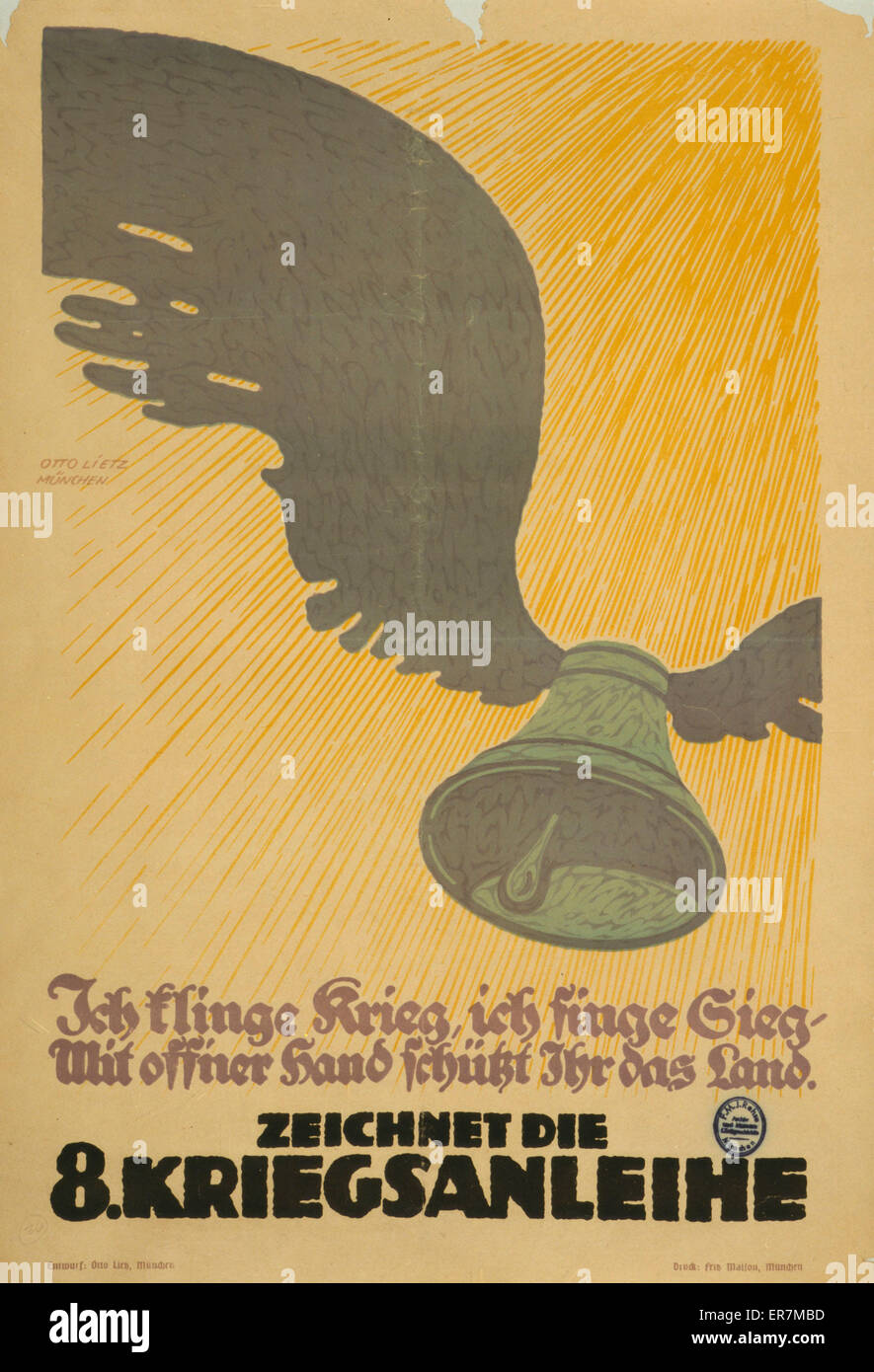 Zeichnet die 8. Kriegsanleihe. Plakat zeigt eine fliegende Glocke mit Flügeln; Sonnenlicht-Streams in den Hintergrund. Text: Ich Krieg ring, singe ich um den Sieg. Mit einer offenen Hand schützt Sie das Land. Abonnieren Sie den 8. Kriegsanleihe. Datum 1917. Stockfoto