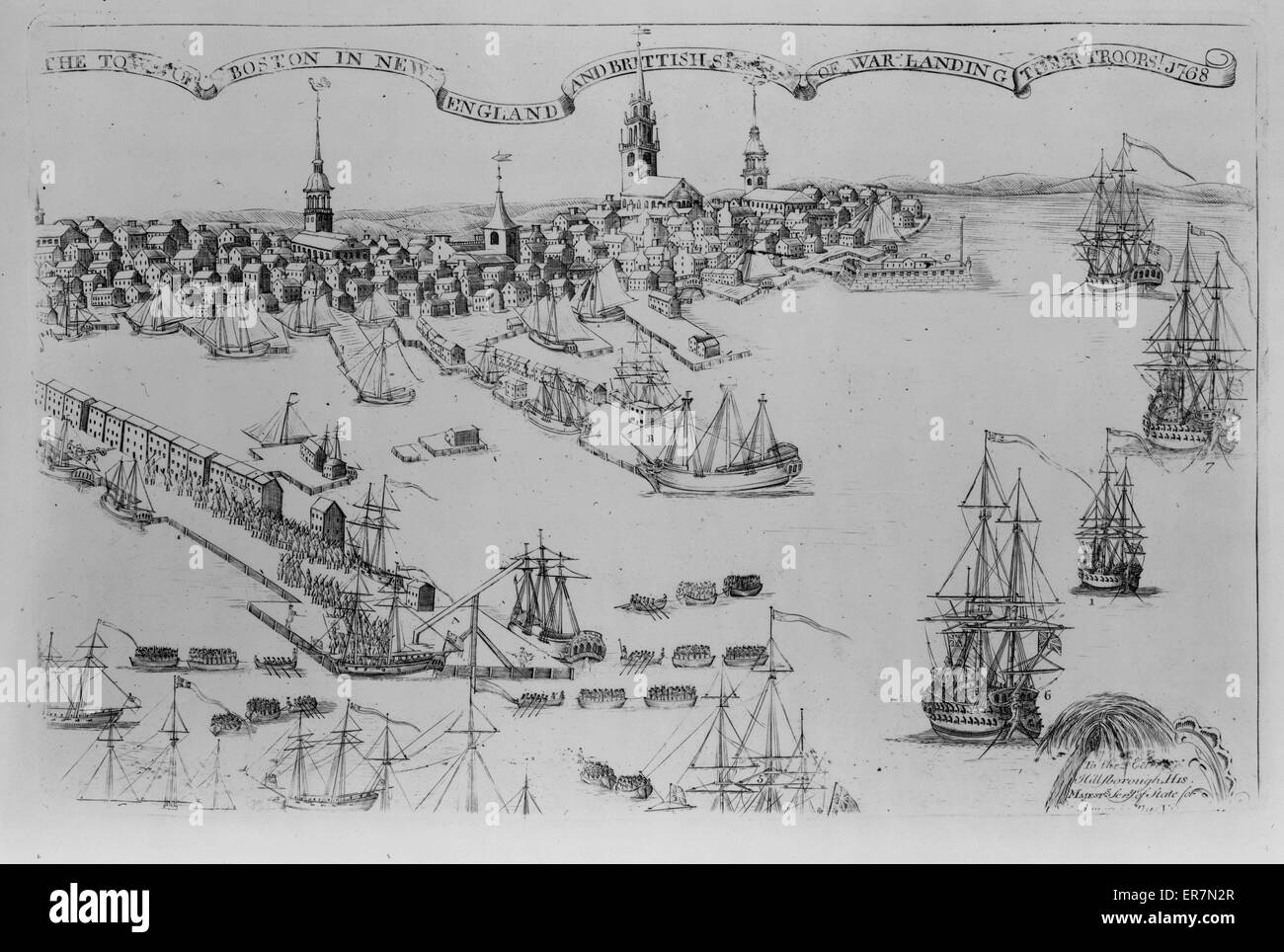 Die Stadt Boston in New England und britische Schiffe des Krieges ihre Truppen landen! 1768. Datum 1770. Stockfoto