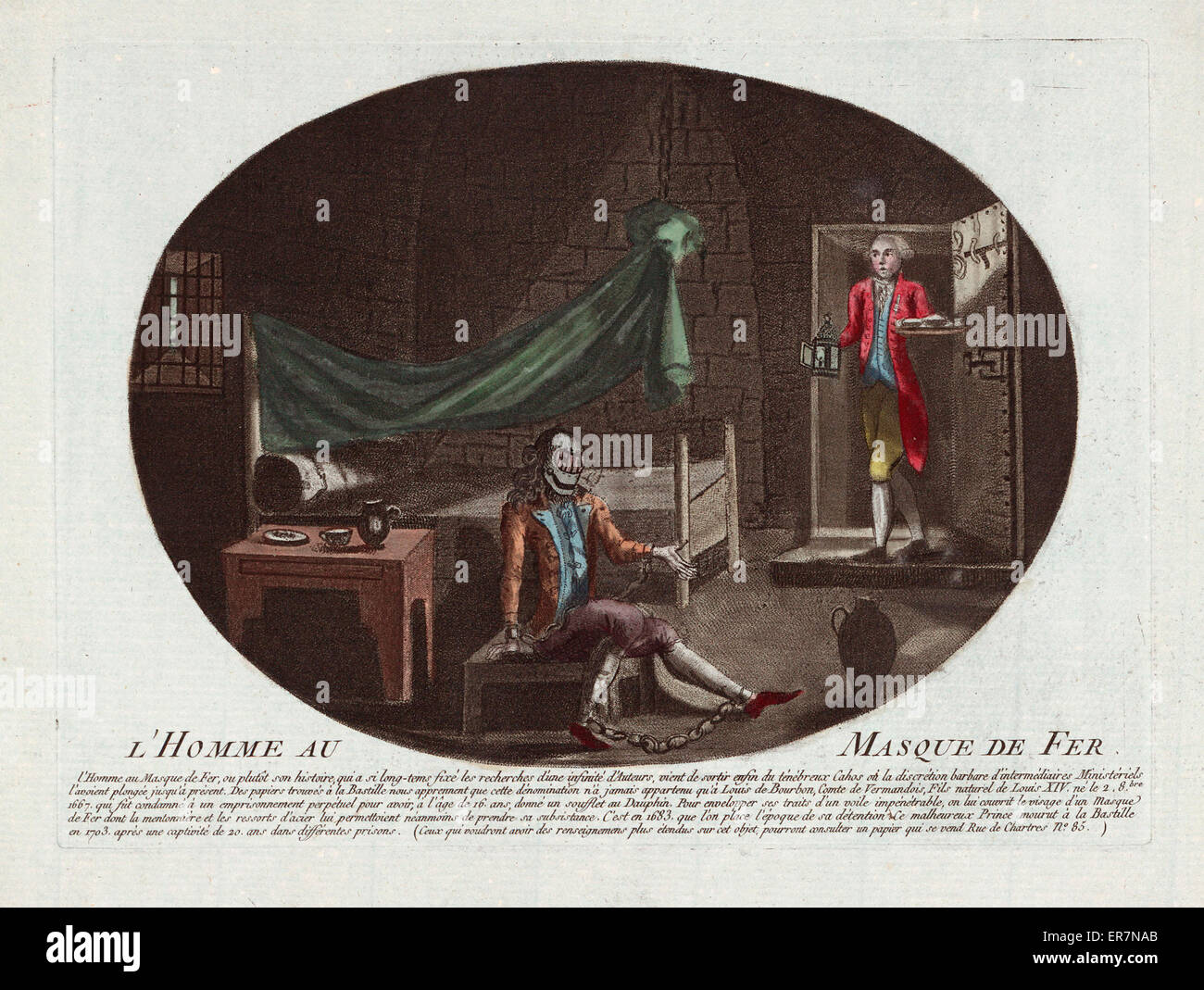 L ' Homme au Masque de Fer. Druck befindet sich ein Gefangener in Ketten und tragen eine eiserne Maske sitzen auf einer Bank in einer Gefängniszelle, und ein anderer Mann mit Laterne und ein Tablett mit Essen in der Zelle in der Bastille. Datum 1789. Stockfoto